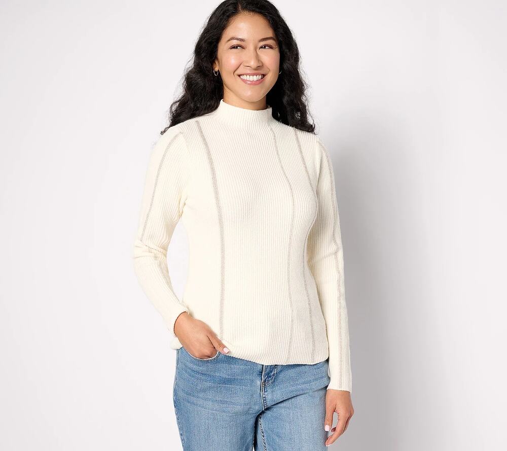 Studio Park Sweater Womens Plus 1X Cream Metallic Stripe Ribbed Mock Neck